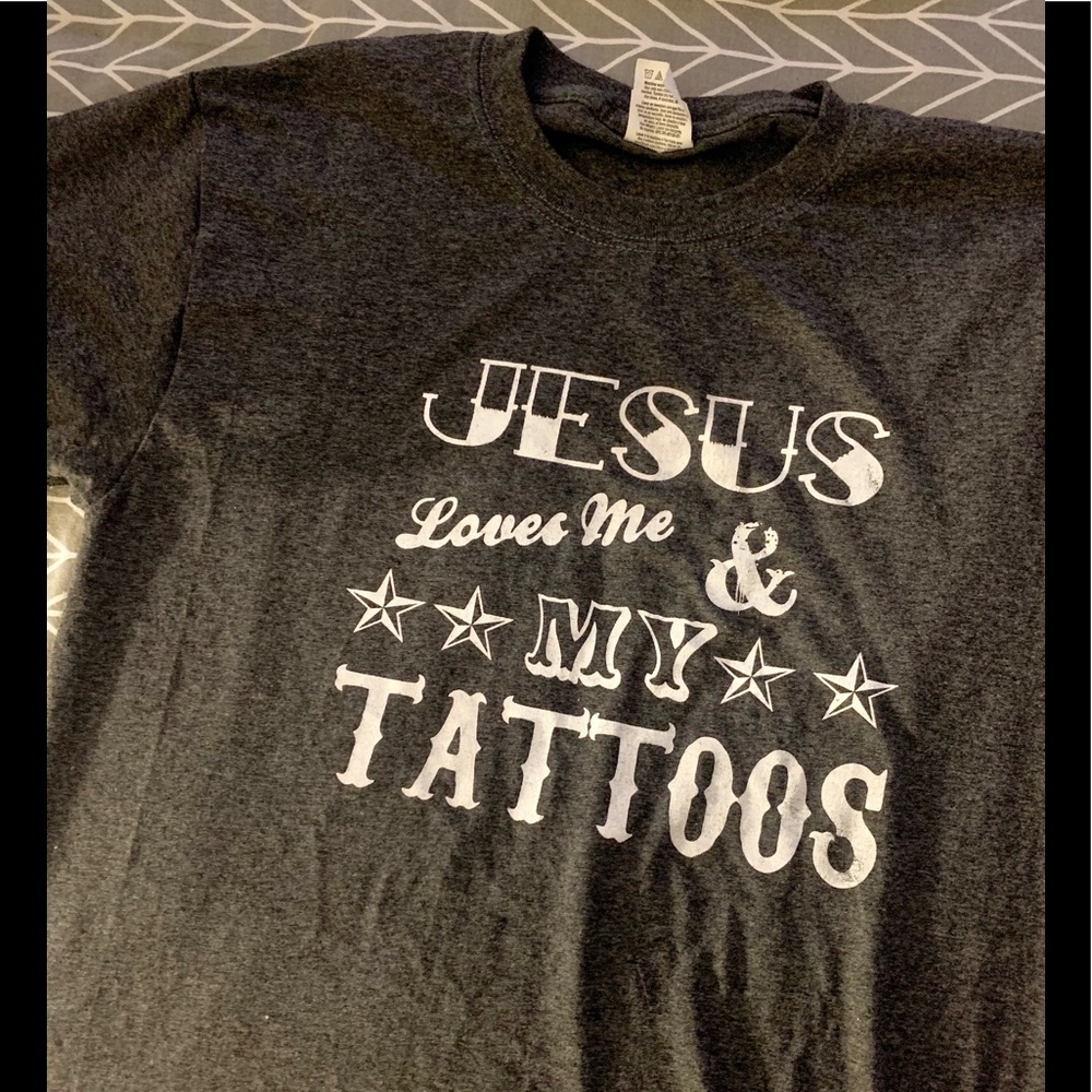 “Jesus Loves Me & My Tattoos” grey cotton t-shirt